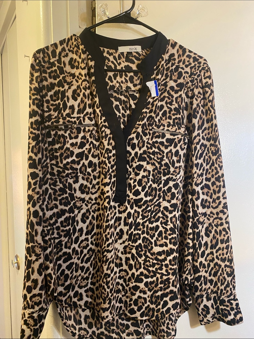mnk Leopard-Print V-Neck Blouse with Black Trim - Tan/Black
